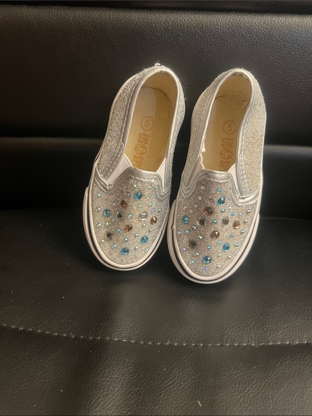 Girls Silver Slip-On Glitter Sneakers with Blue Gem Accents